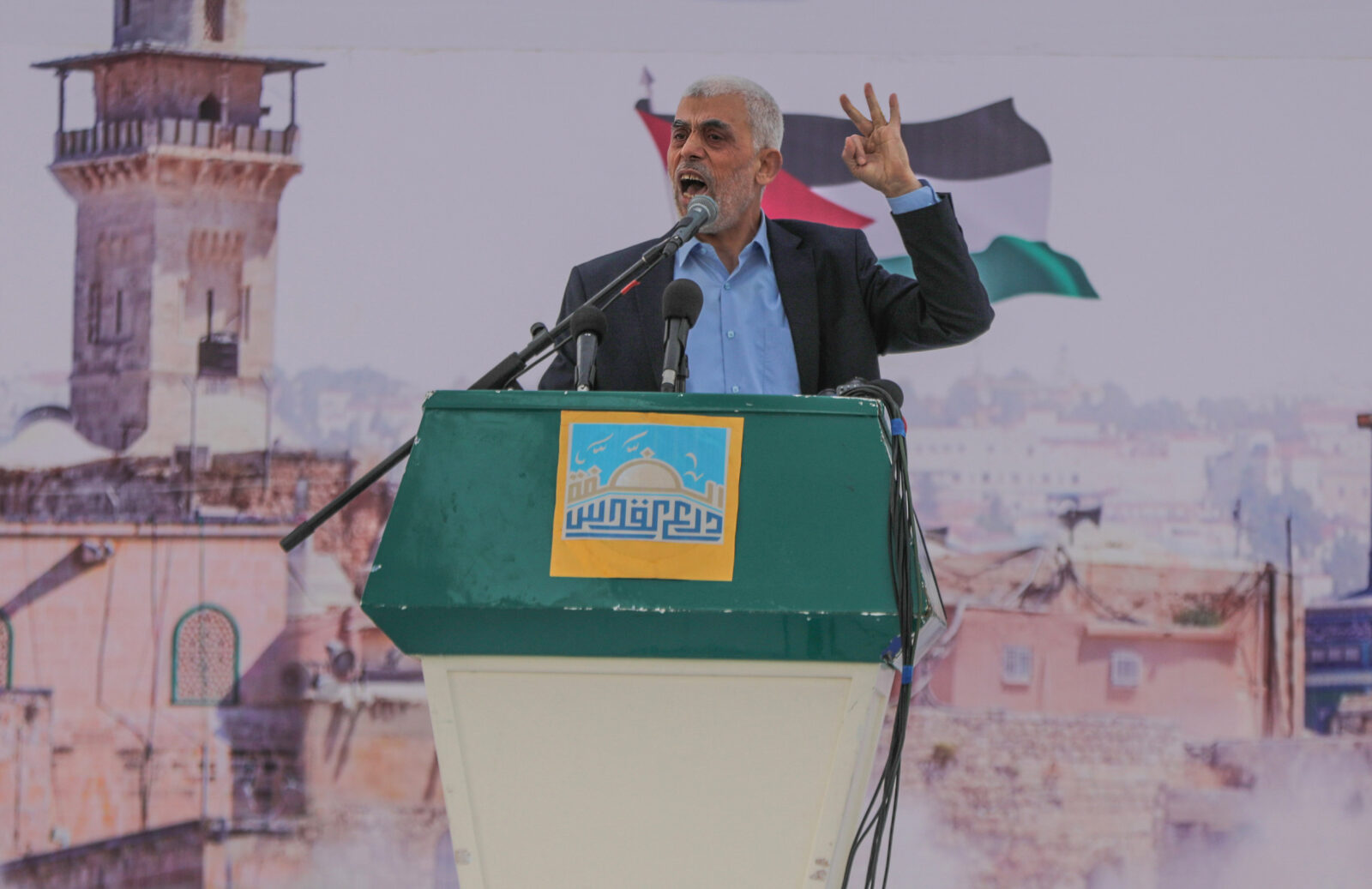 Yahya Sinwar, chief of the Palestinian Islamist Hamas movement in Gaza, delivers a speech during a rally marking "Jerusalem Day," or Al-Quds Day.